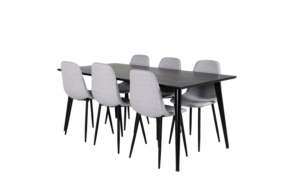 Dipp Spisebord 180 x 90 Sort & 6 stk Polar Spisebordsstole Grå