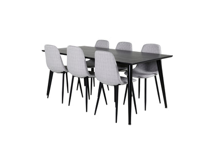 Dipp Spisebord 180 x 90 Sort & 6 stk Polar Spisebordsstole Grå