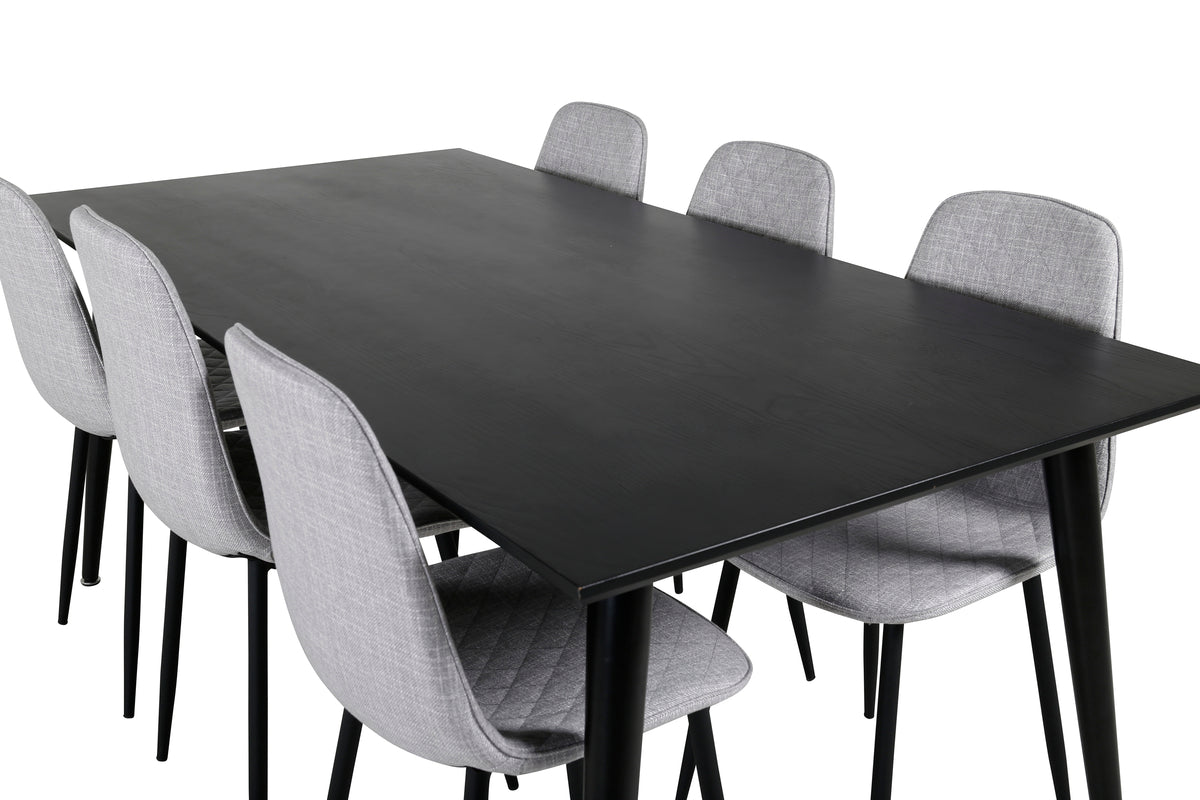 Dipp Spisebord 180 x 90 Sort & 6 stk Polar Spisebordsstole Grå