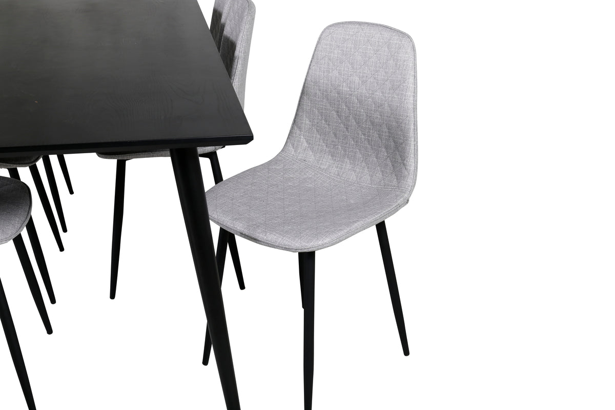 Dipp Spisebord 180 x 90 Sort & 6 stk Polar Spisebordsstole Grå