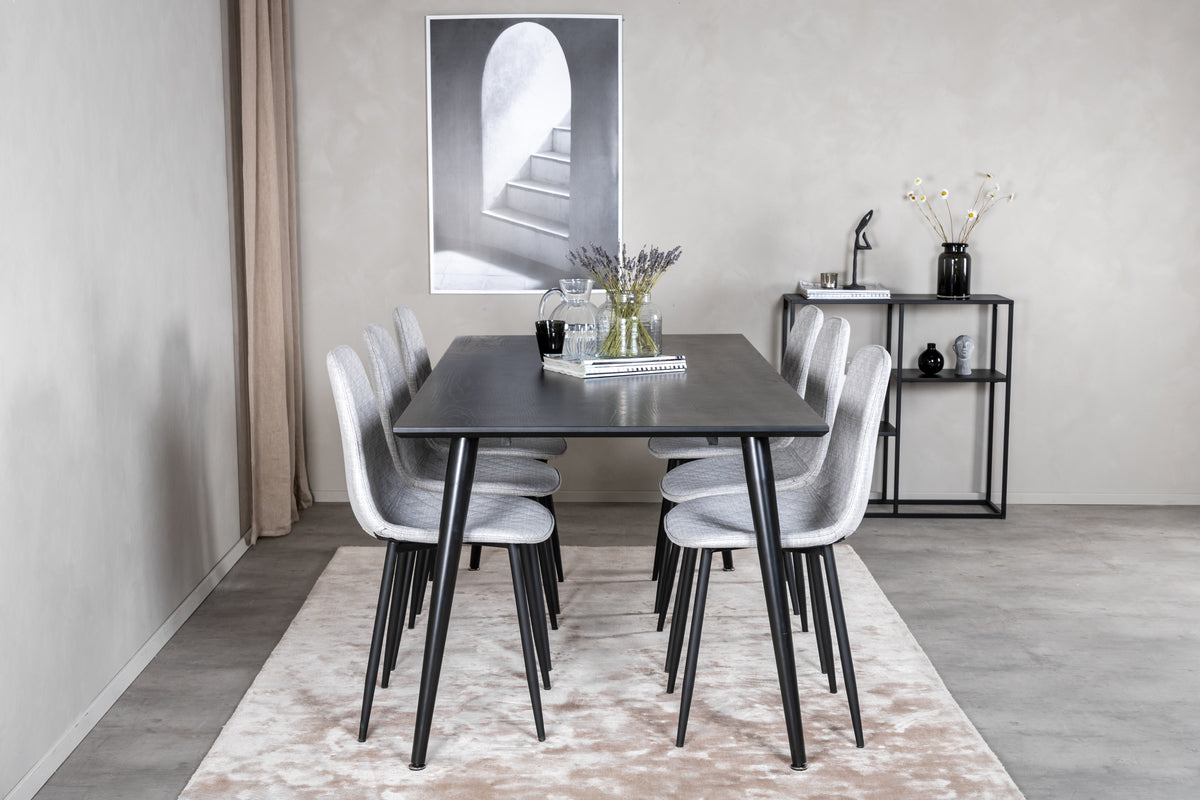 Dipp Spisebord 180 x 90 Sort & 6 stk Polar Spisebordsstole Grå