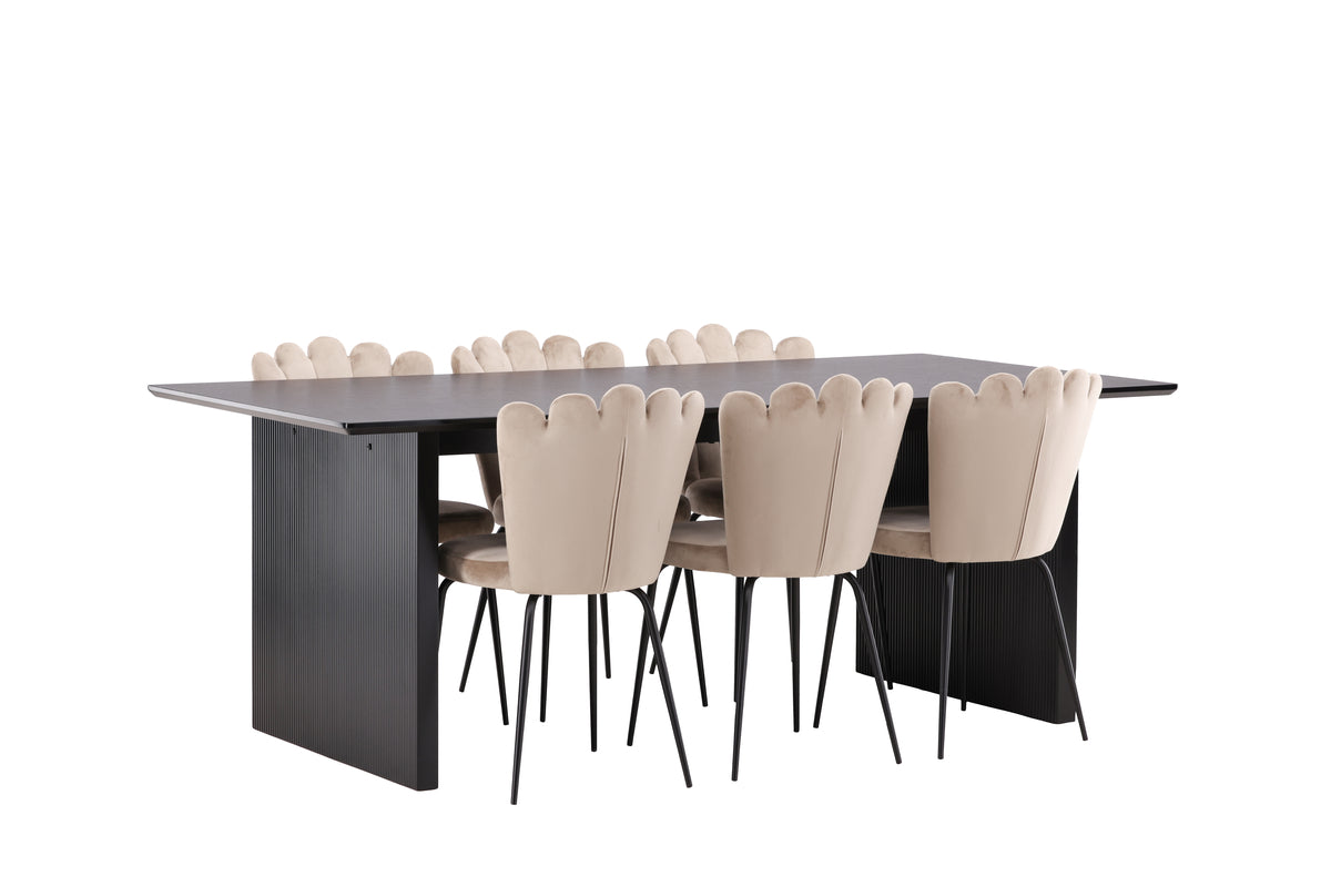 Spisebordssæt Limhamn Spisebordsstol Beige 6 stk & Vail Spisebord 200 x 100 Sort