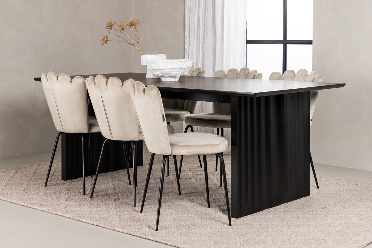 Spisebordssæt Limhamn Spisebordsstol Beige 6 stk & Vail Spisebord 200 x 100 Sort