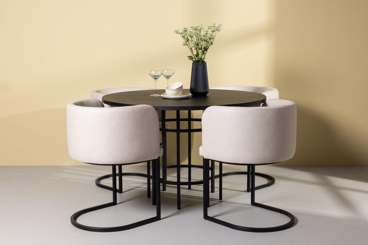 Copenhagen Rundt Spisebord ⌀115 Sort & 4 stk Simrishamn Beige