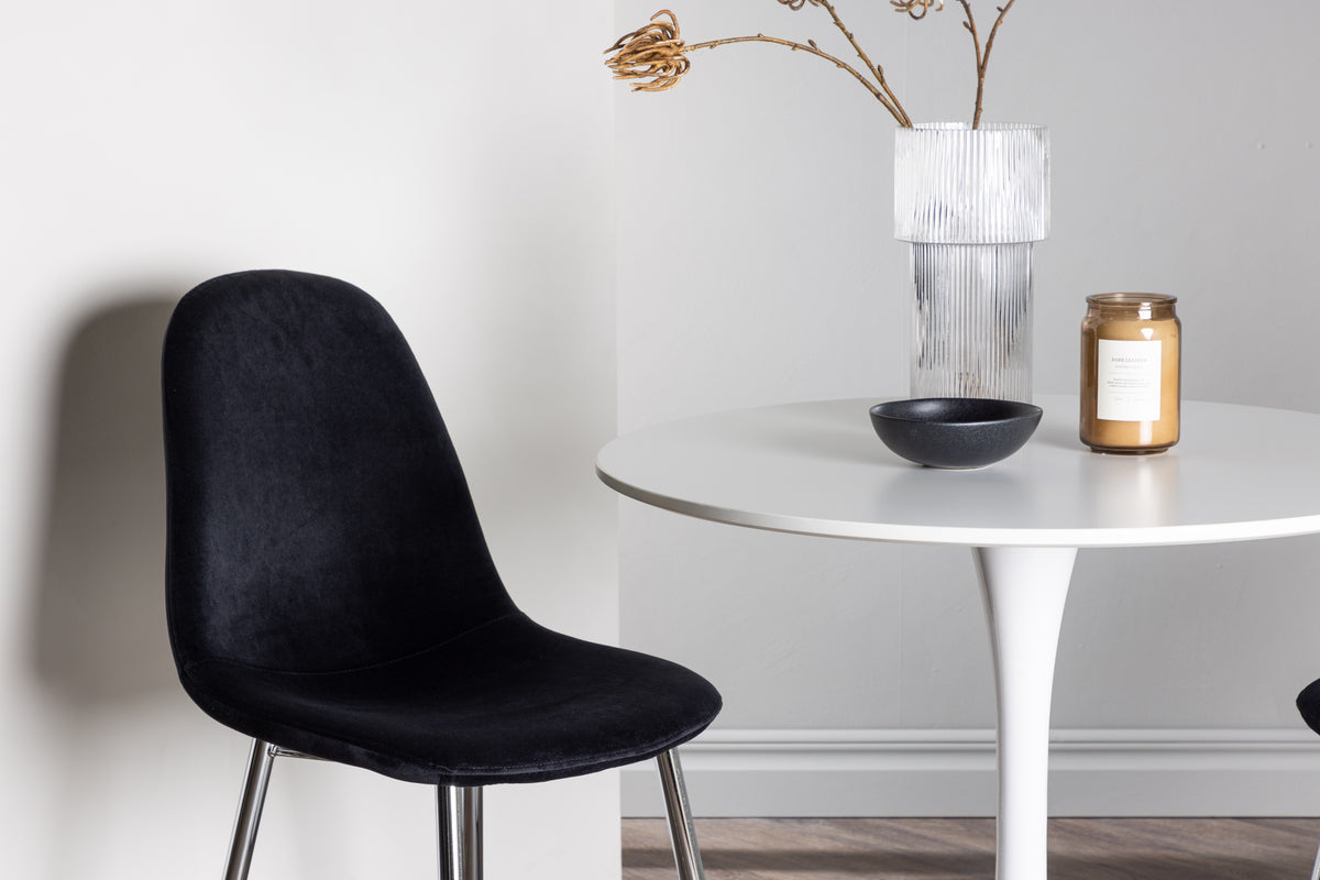 Hamden & Polar rundt spisebord Ø80 hvid + 2 sorte spisestole