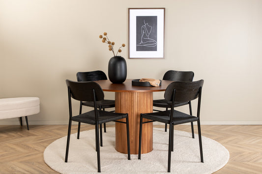 Bianca rundt spisebord Ø110 valnød med 4 sorte Polly spisestole