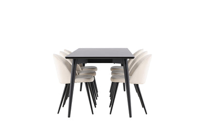 Velvet Spisebord 230 x 85 Sort  & Ellis Spisebordsstol 2-stk Beige
