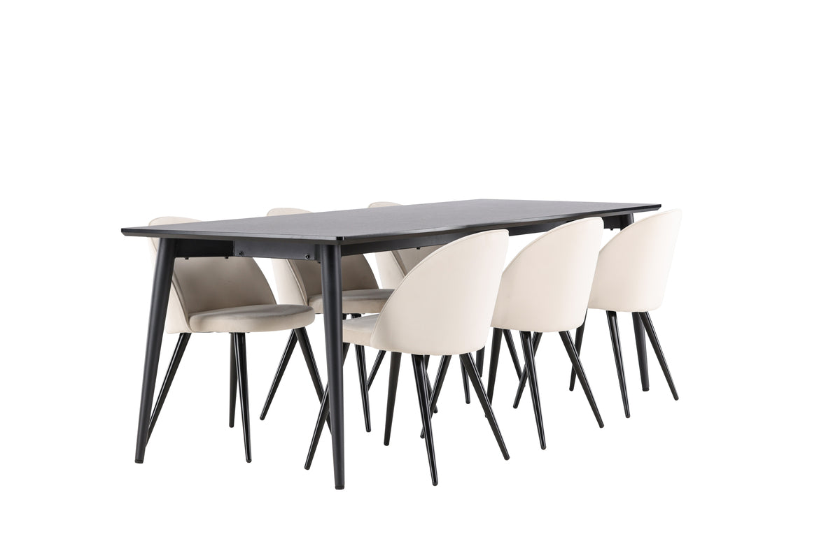 Velvet Spisebord 230 x 85 Sort  & Ellis Spisebordsstol 2-stk Beige