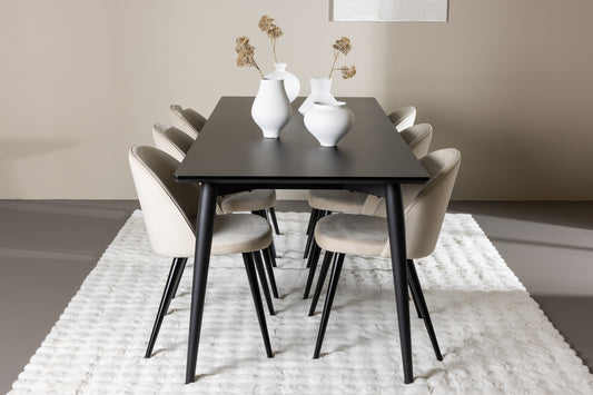 Velvet Spisebord 230 x 85 Sort  & Ellis Spisebordsstol 2-stk Beige