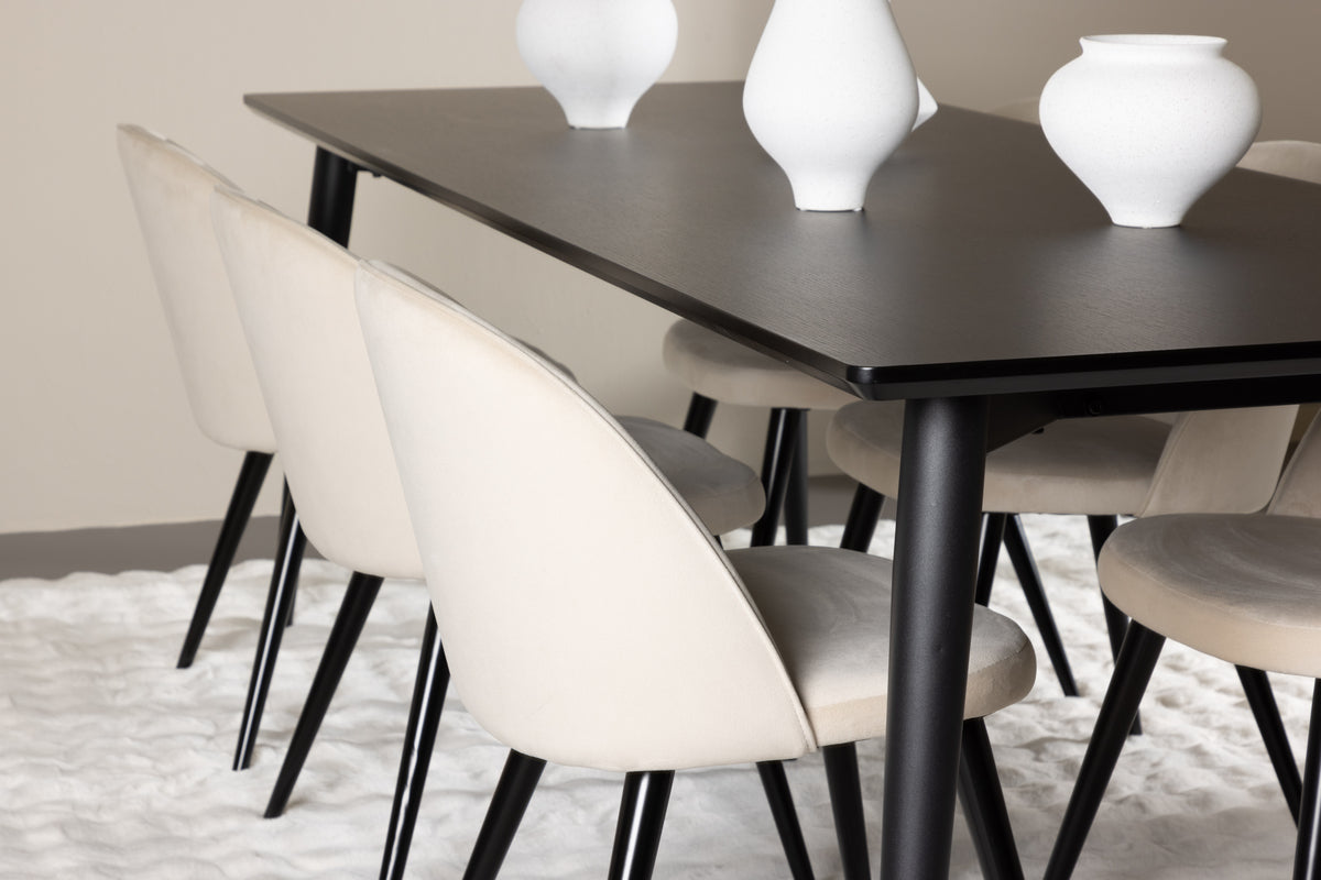 Velvet Spisebord 230 x 85 Sort  & Ellis Spisebordsstol 2-stk Beige