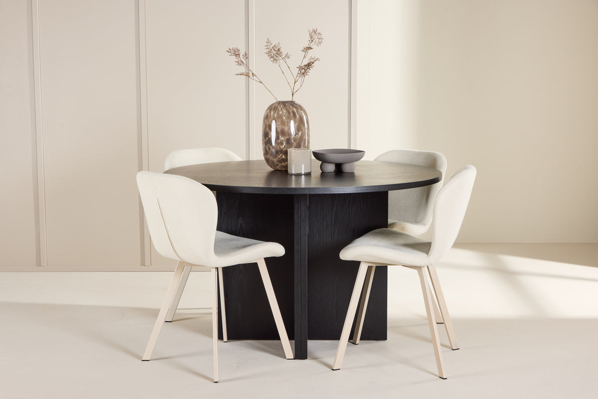 Strada Spisebord ⌀120 Sort & 4 stk Lilja Spisebordsstol Beige