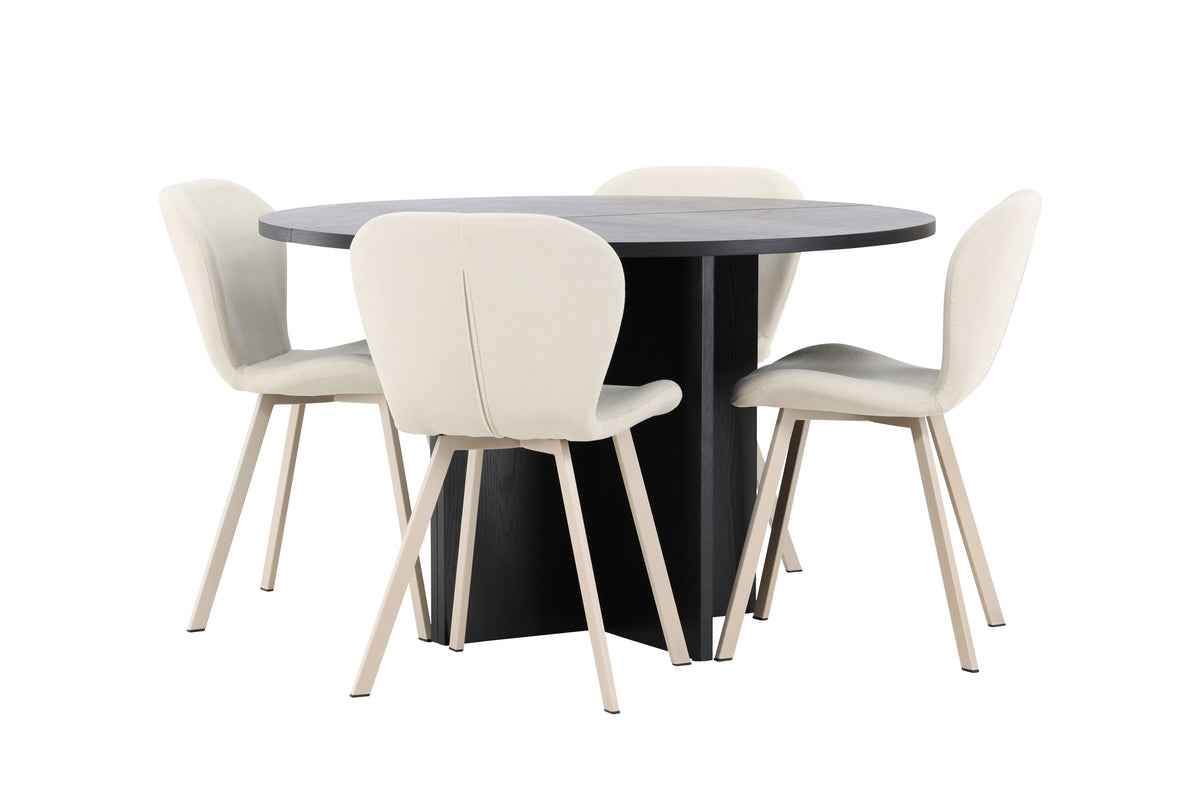 Strada Spisebord ⌀120 Sort & 4 stk Lilja Spisebordsstol Beige