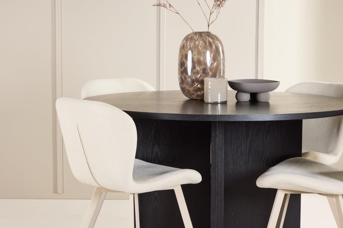 Strada Spisebord ⌀120 Sort & 4 stk Lilja Spisebordsstol Beige