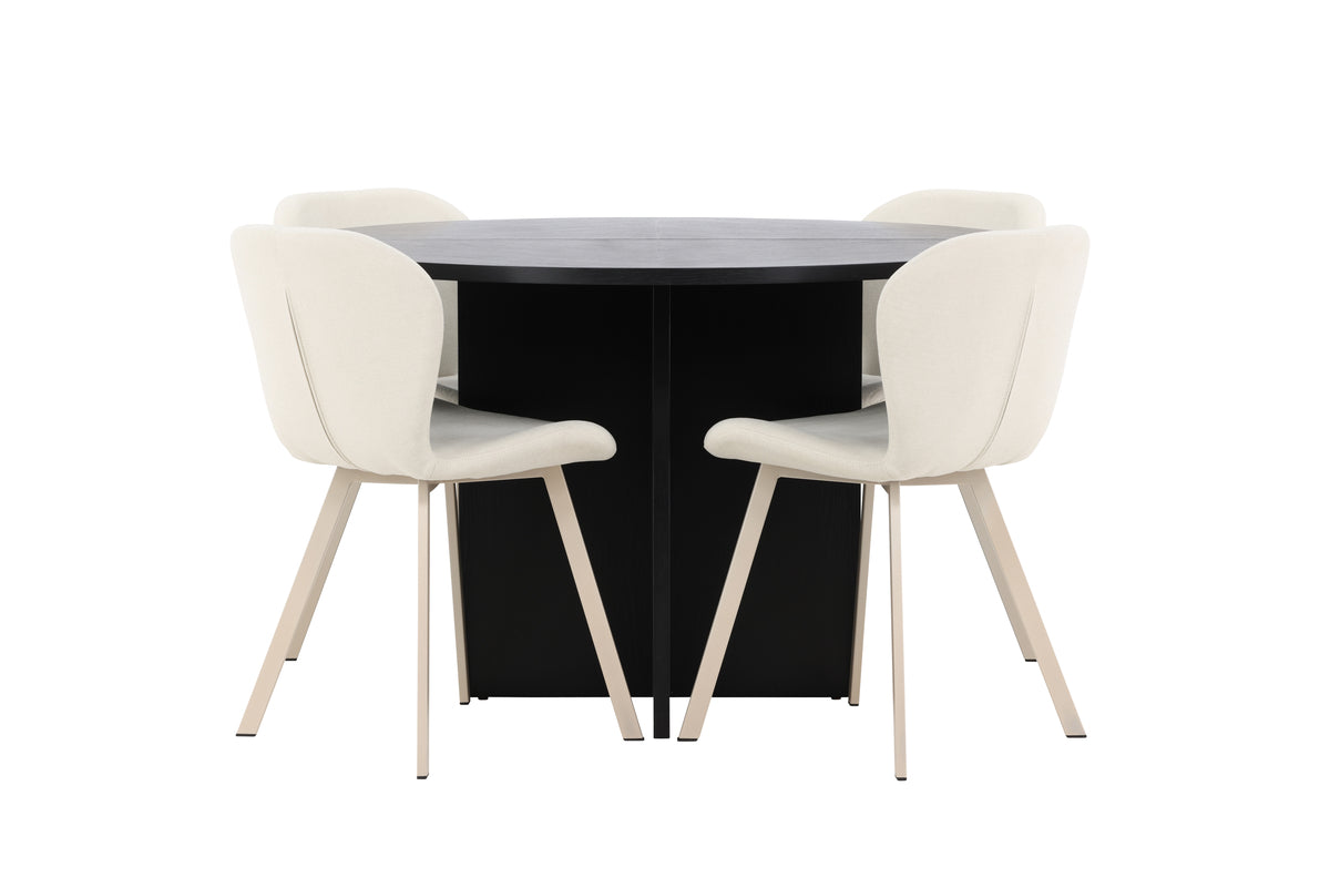 Strada Spisebord ⌀120 Sort & 4 stk Lilja Spisebordsstol Beige