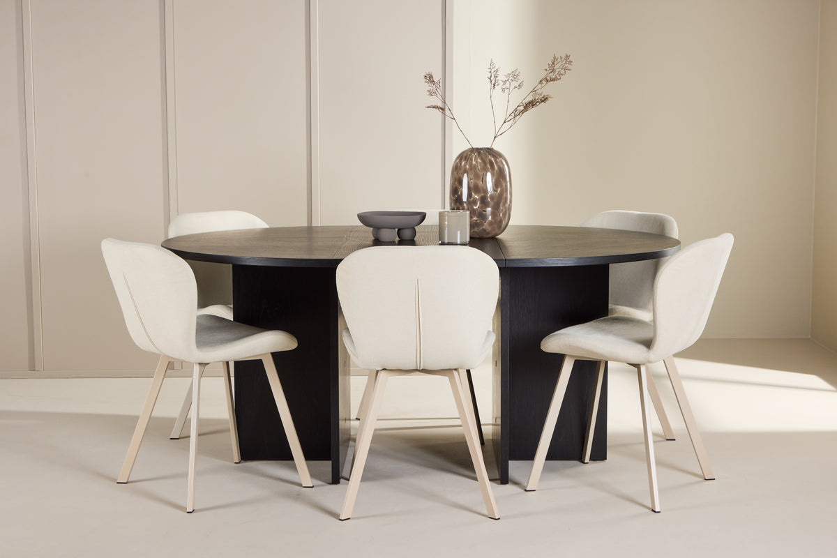 Spisebordssæt Strada spisebord ⌀120 sort & 6 stk Lilja spisebordsstol Beige