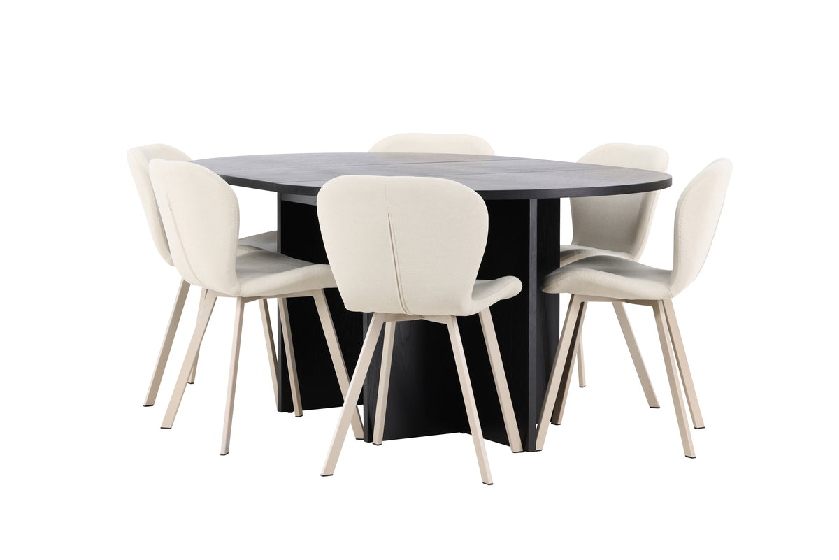 Spisebordssæt Strada spisebord ⌀120 sort & 6 stk Lilja spisebordsstol Beige