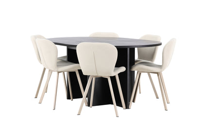 Spisebordssæt Strada spisebord ⌀120 sort & 6 stk Lilja spisebordsstol Beige