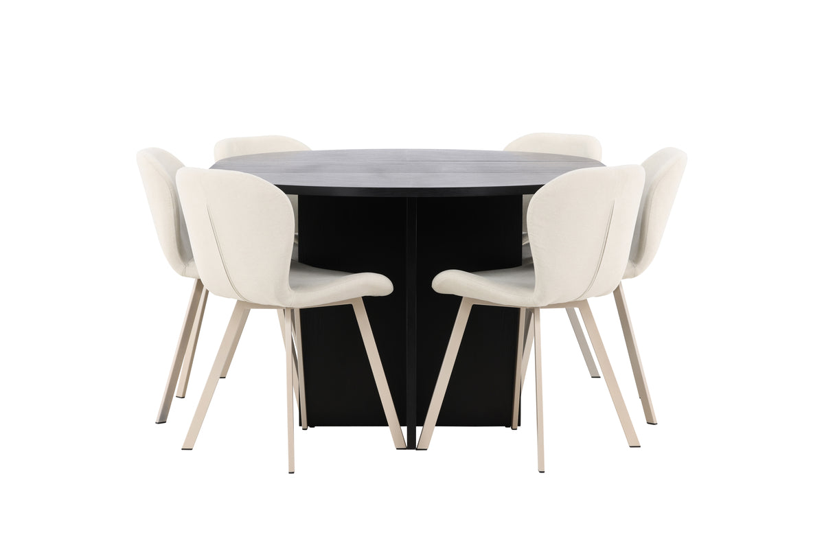 Spisebordssæt Strada spisebord ⌀120 sort & 6 stk Lilja spisebordsstol Beige