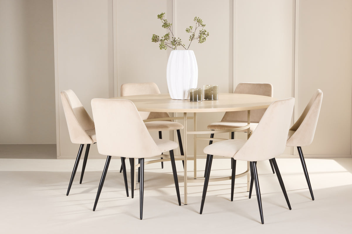 Copenhagen Rundt spisebord ø140 Whitewash & 6 stk Night Spisebordsstol Beige