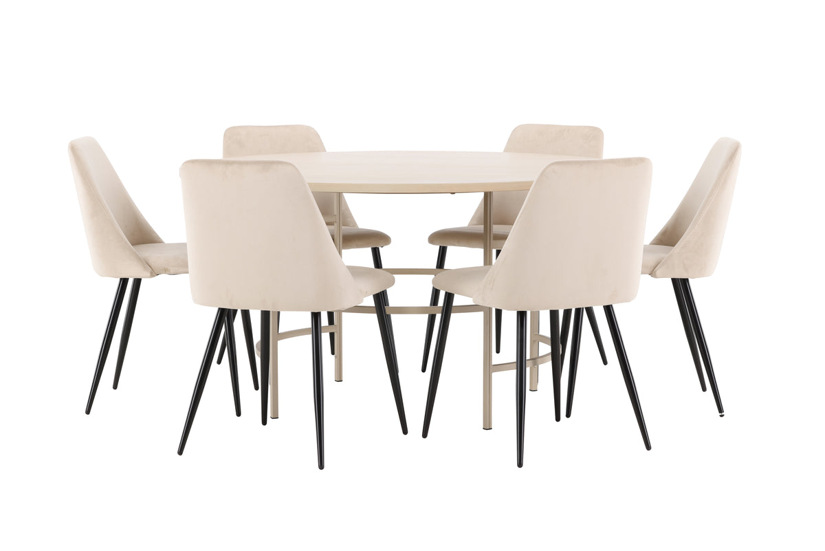 Copenhagen Rundt spisebord ø140 Whitewash & 6 stk Night Spisebordsstol Beige