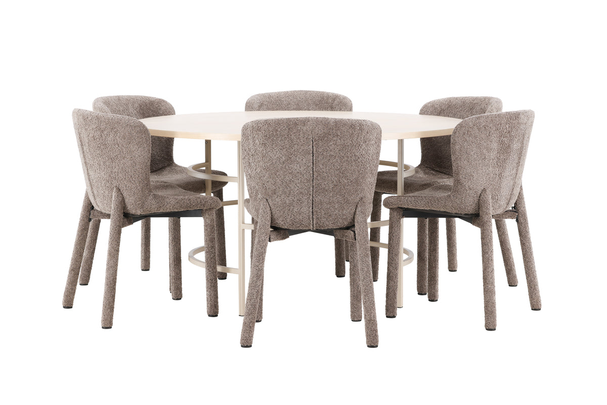 Copenhagen Spisebord ⌀140 Whitewash & 6 stk Astoria Spisebordsstol Brun