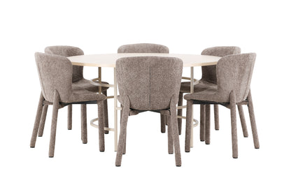 Copenhagen Spisebord ⌀140 Whitewash & 6 stk Astoria Spisebordsstol Brun