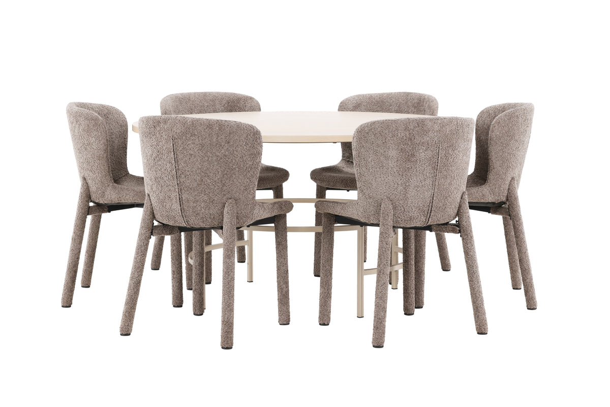 Copenhagen Spisebord ⌀140 Whitewash & 6 stk Astoria Spisebordsstol Brun