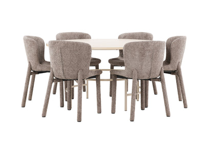 Copenhagen Spisebord ⌀140 Whitewash & 6 stk Astoria Spisebordsstol Brun