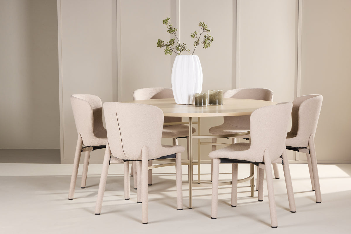 Copenhagen Spisebord ⌀140 Whitewash & 6 Stk Astoria Spisebordsstole Beige