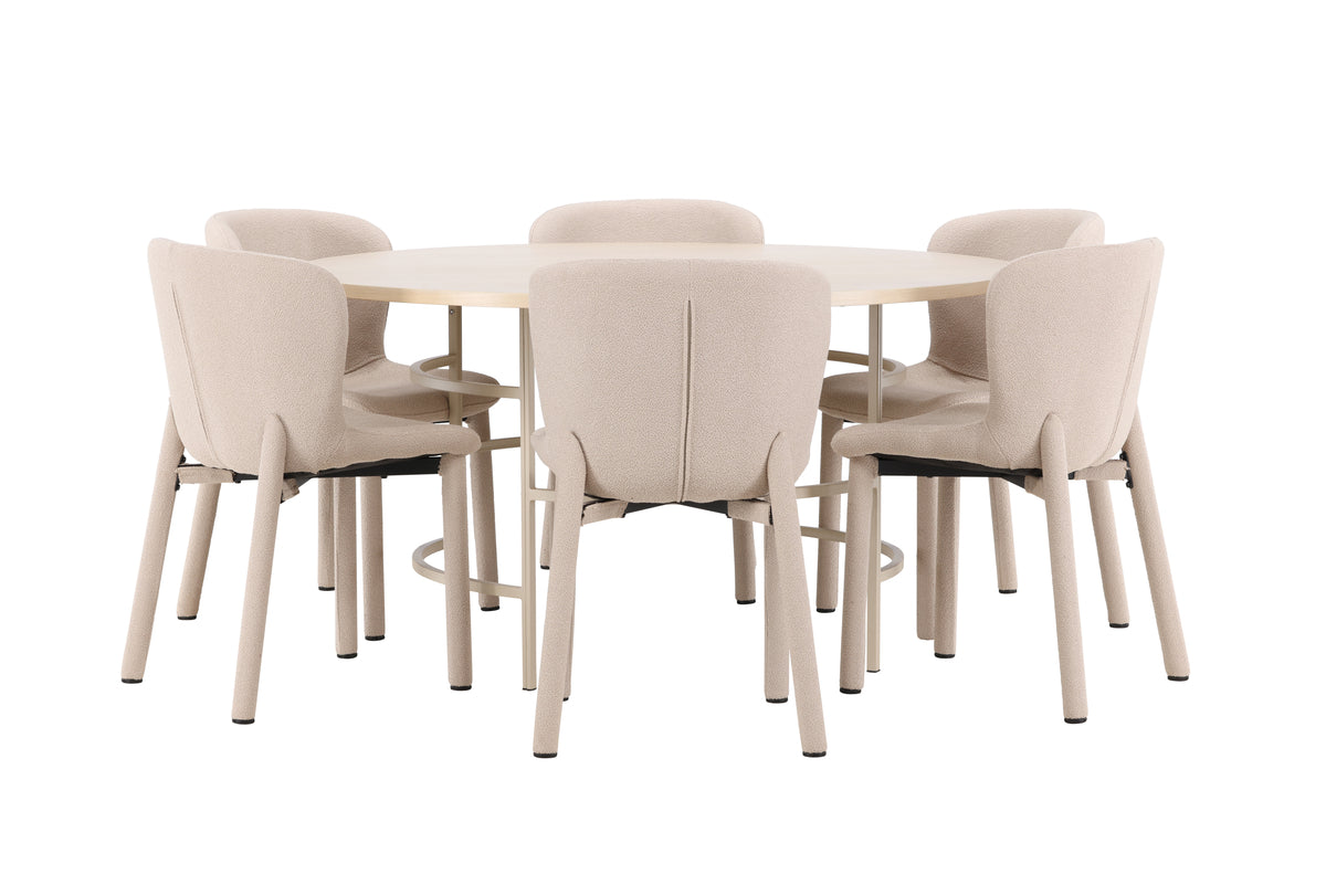 Copenhagen Spisebord ⌀140 Whitewash & 6 Stk Astoria Spisebordsstole Beige