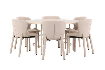Copenhagen Spisebord ⌀140 Whitewash & 6 Stk Astoria Spisebordsstole Beige