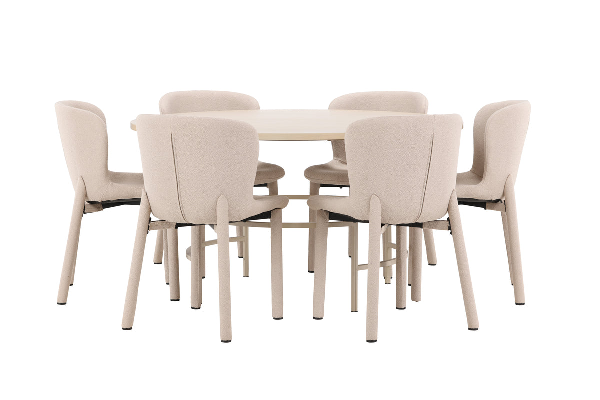 Copenhagen Spisebord ⌀140 Whitewash & 6 Stk Astoria Spisebordsstole Beige