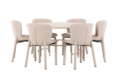 Copenhagen Spisebord ⌀140 Whitewash & 6 Stk Astoria Spisebordsstole Beige
