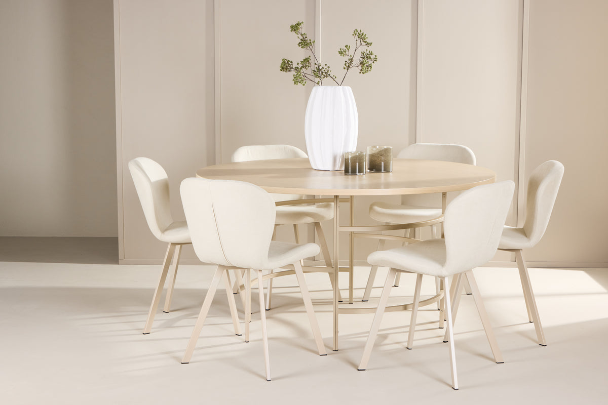 Copenhagen rundt spisebord ⌀140 Whitewash & 6 stk Lilja Spisebordsstole Beige