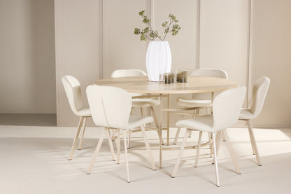 Copenhagen rundt spisebord ⌀140 Whitewash & 6 stk Lilja Spisebordsstole Beige