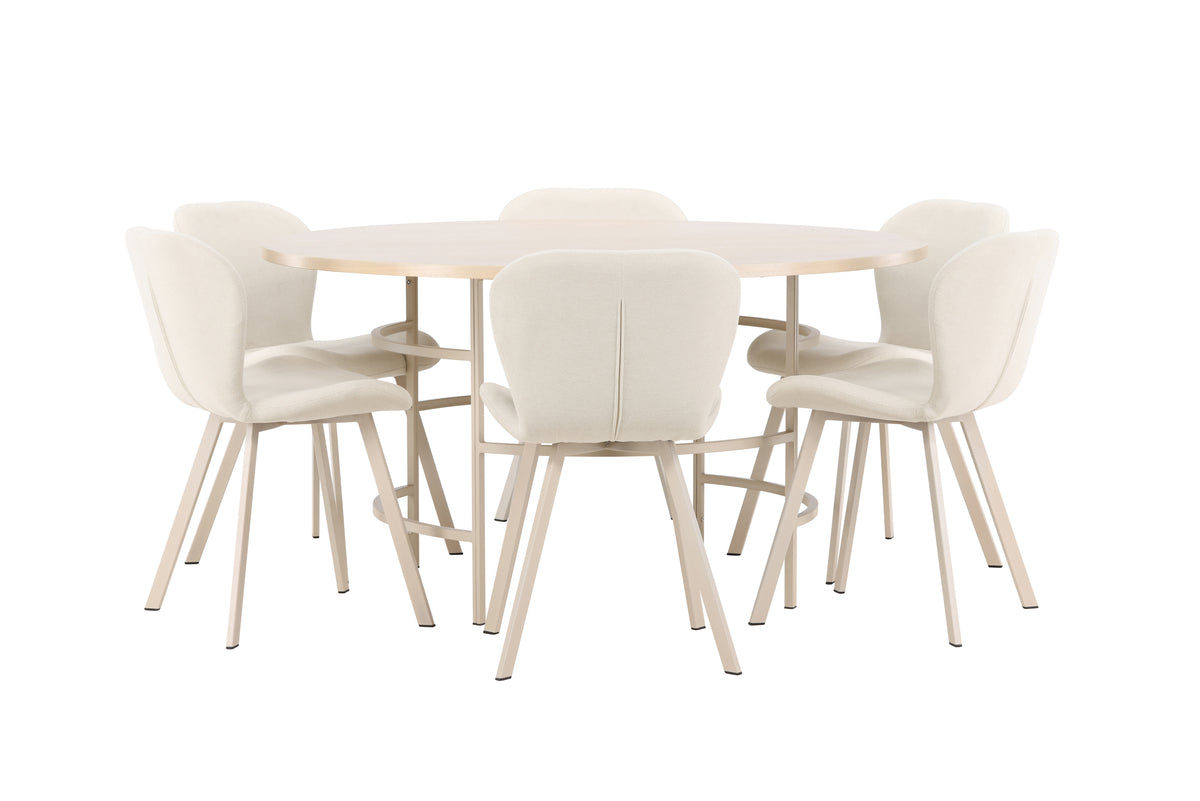 Copenhagen rundt spisebord ⌀140 Whitewash & 6 stk Lilja Spisebordsstole Beige