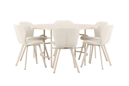 Copenhagen rundt spisebord ⌀140 Whitewash & 6 stk Lilja Spisebordsstole Beige