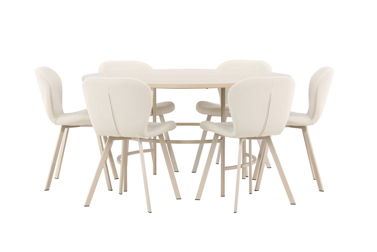 Copenhagen rundt spisebord ⌀140 Whitewash & 6 stk Lilja Spisebordsstole Beige