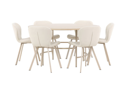 Copenhagen rundt spisebord ⌀140 Whitewash & 6 stk Lilja Spisebordsstole Beige