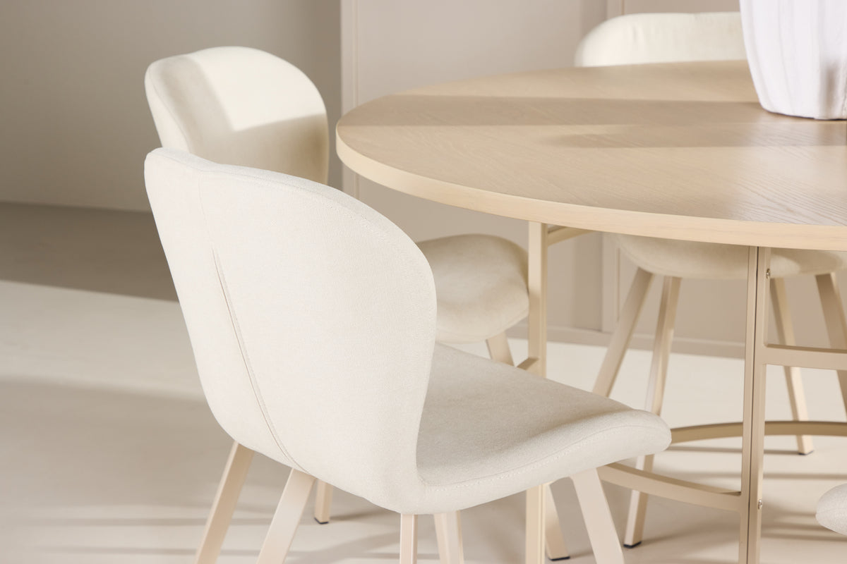 Copenhagen rundt spisebord ⌀140 Whitewash & 6 stk Lilja Spisebordsstole Beige