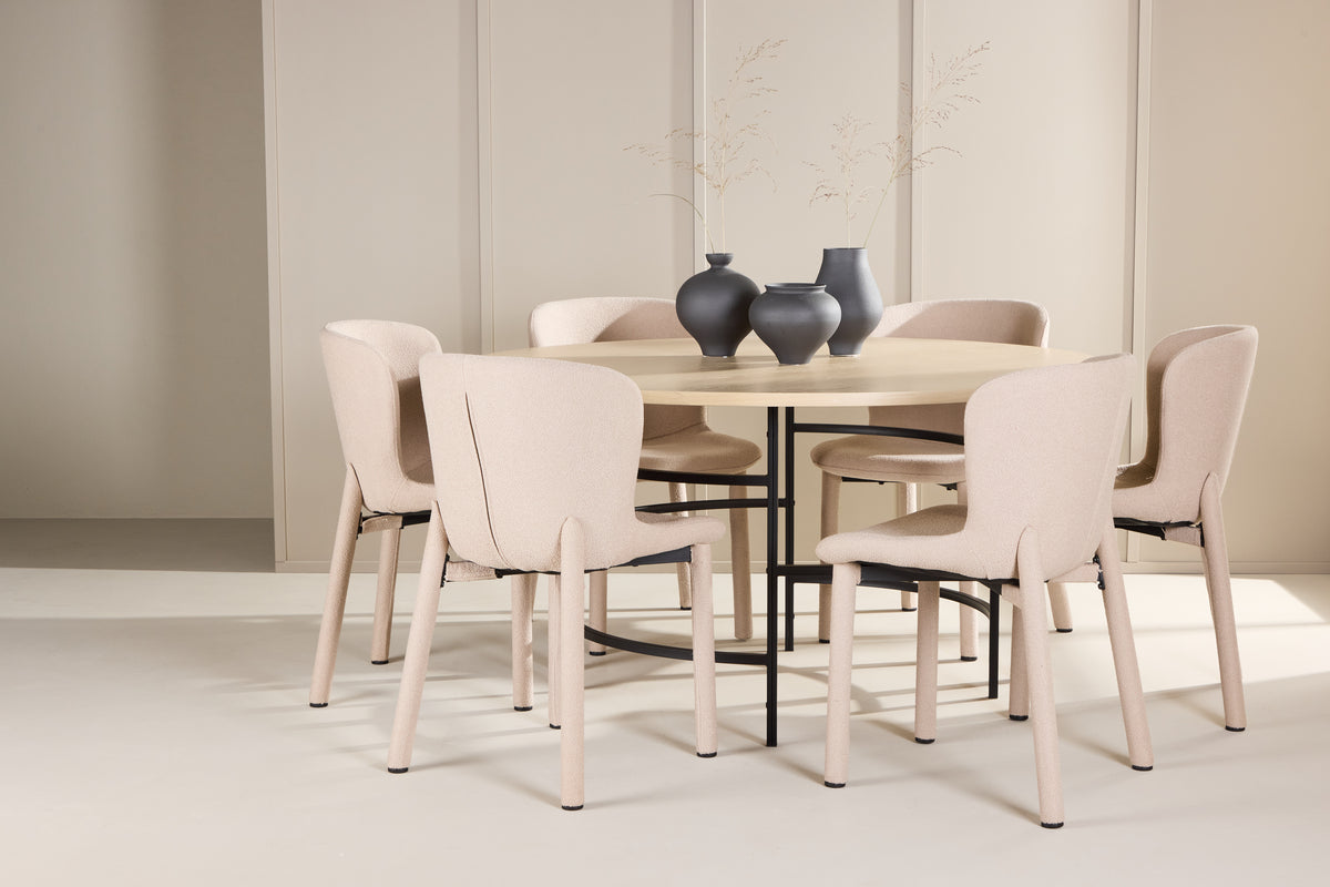 Copenhagen Rundt Spisebord ⌀140 Hvidvasket & 6 stk Astoria spisebordsstol Beige