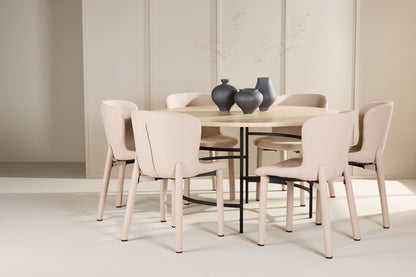 Copenhagen Rundt Spisebord ⌀140 Hvidvasket & 6 stk Astoria spisebordsstol Beige