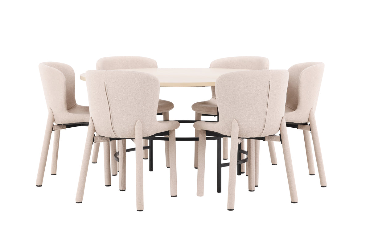 Copenhagen Rundt Spisebord ⌀140 Hvidvasket & 6 stk Astoria spisebordsstol Beige