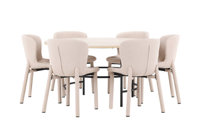 Copenhagen Rundt Spisebord ⌀140 Hvidvasket & 6 stk Astoria spisebordsstol Beige