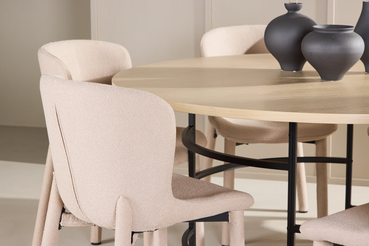 Copenhagen Rundt Spisebord ⌀140 Hvidvasket & 6 stk Astoria spisebordsstol Beige