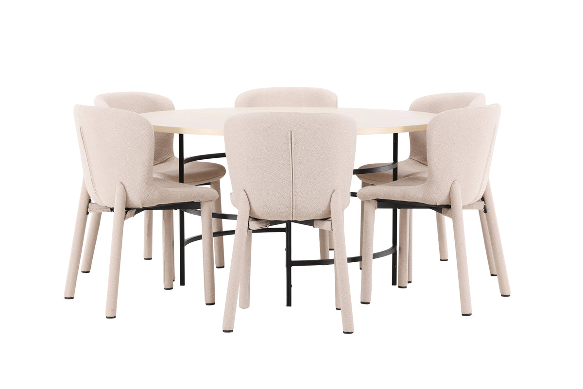 Copenhagen Rundt Spisebord ⌀140 Hvidvasket & 6 stk Astoria spisebordsstol Beige