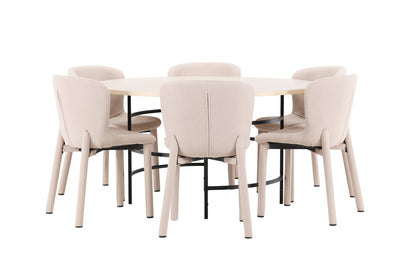 Copenhagen Rundt Spisebord ⌀140 Hvidvasket & 6 stk Astoria spisebordsstol Beige