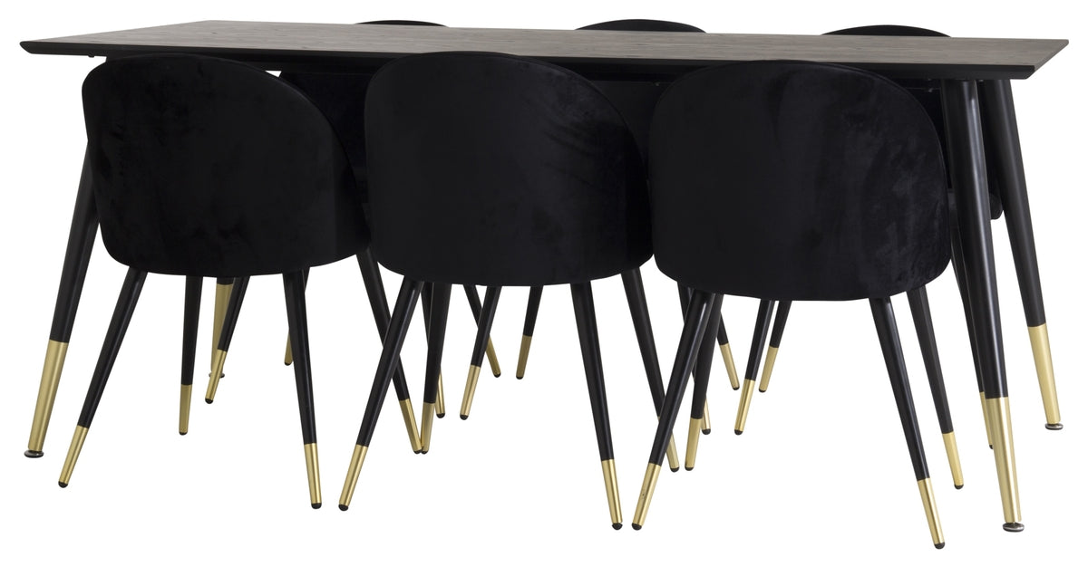 Dipp Spisebord 180 x 90 Sort & 6 stk Velvet spisebordsstole Sort