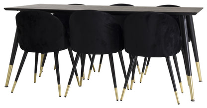 Dipp Spisebord 180 x 90 Sort & 6 stk Velvet spisebordsstole Sort
