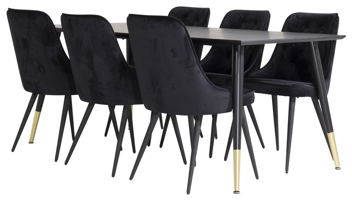Dipp Spisebord 180 x 90 sort & 6 stk Velvet Deluxe spisebordsstole, sort